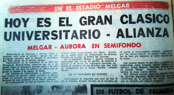 El títular de 1989 anuncia el clásico del fútbol peruano a disputarse en Arequipa (Recorte: Diario Correo)